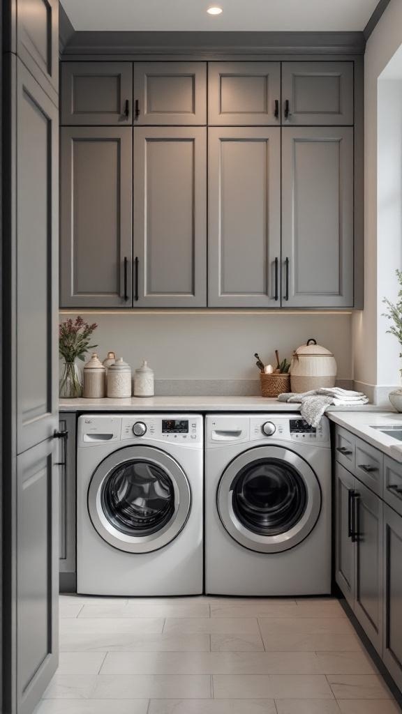 A modern laundry room with hidden appliances, featuring gray cabinetry and a clean, organized look.