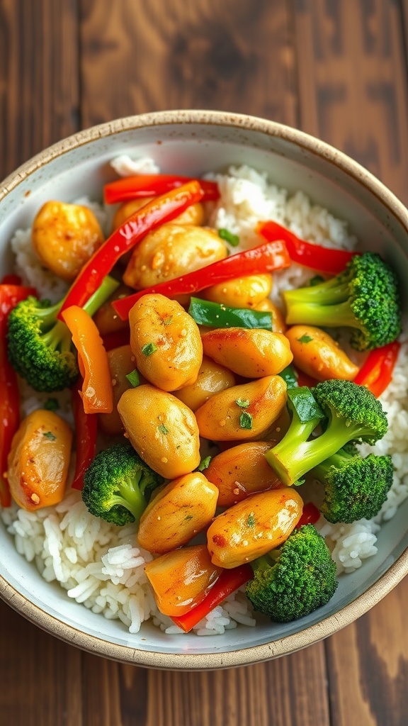 A bowl of honey garlic chicken stir-fry with rice, broccoli, and bell peppers.