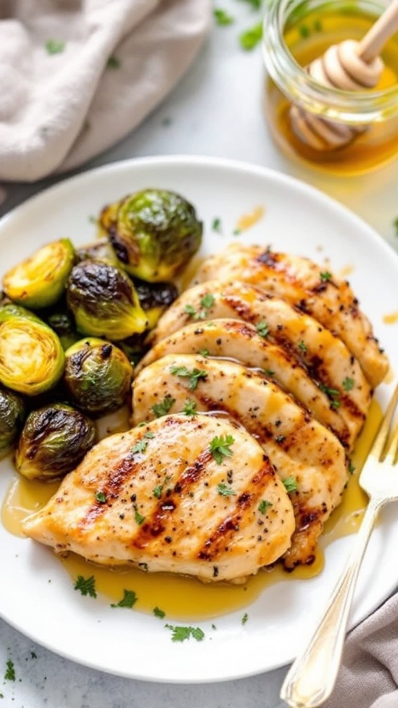 Honey mustard glazed chicken served with roasted Brussels sprouts