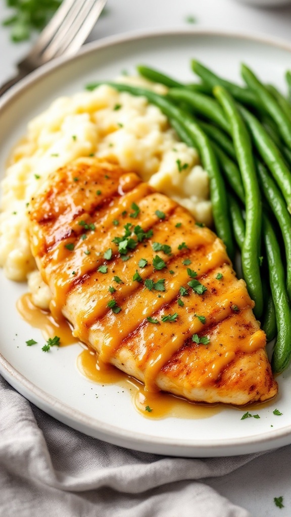 Honey mustard glazed chicken with sides.