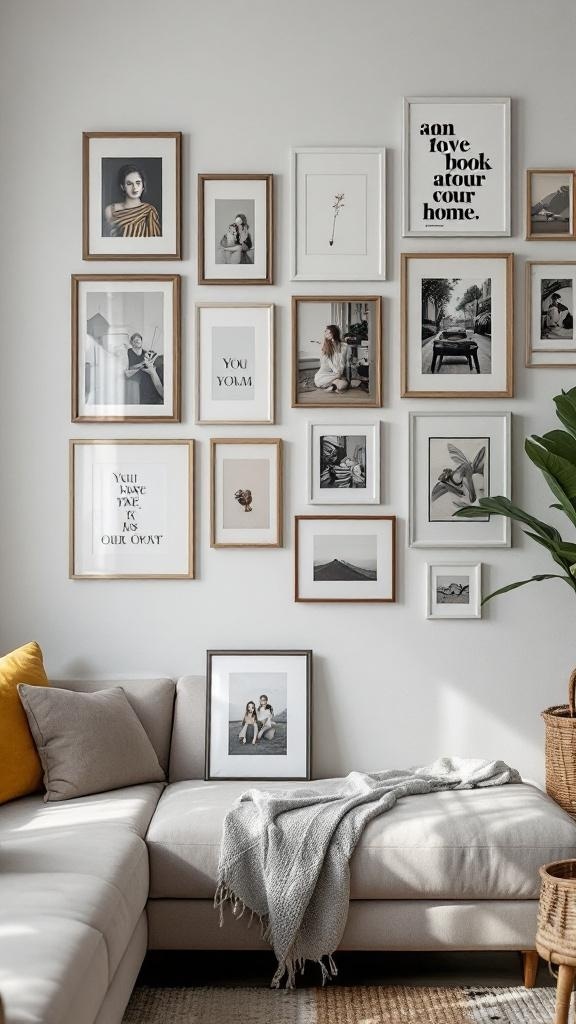 A gallery wall featuring various framed photos and art pieces in a small living room.