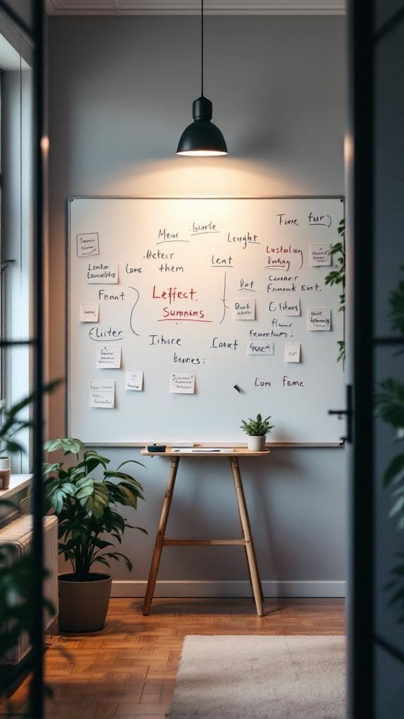 A whiteboard filled with notes and mind maps in a home office setting, with a plant and a wooden table.