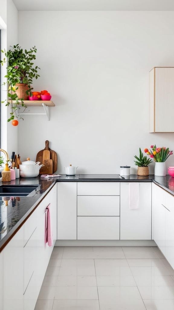 A stylish kitchen featuring black countertops and white cabinets, decorated with colorful fruits, flowers, and accessories.