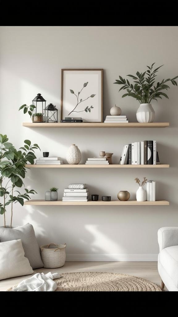 A stylish arrangement of floating shelves displaying books, plants, and decorative items in a small living room.
