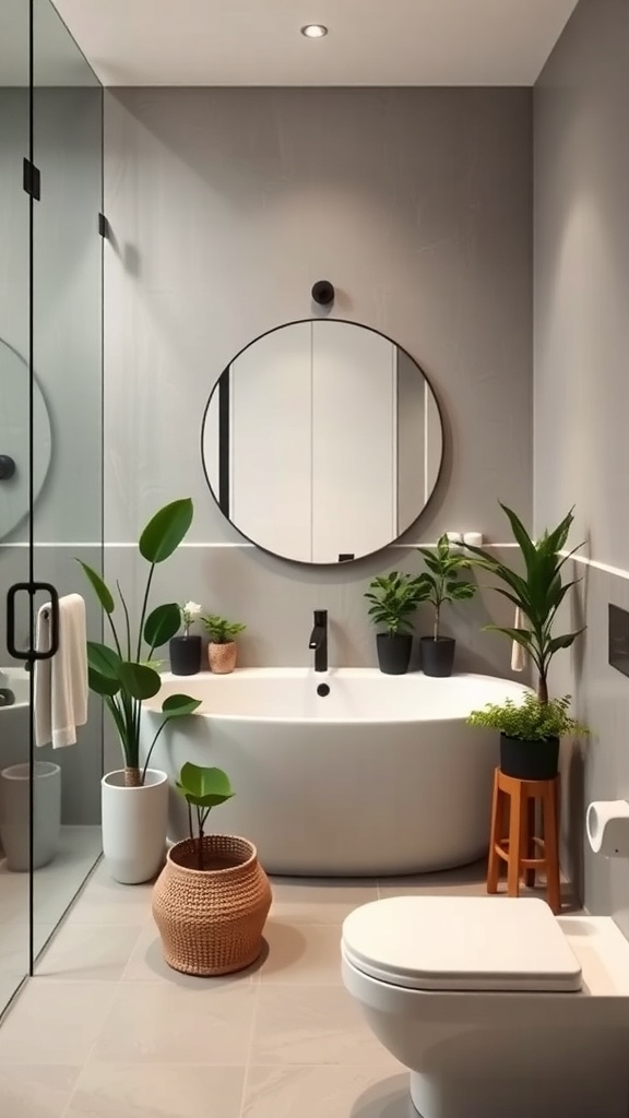 Minimalist bathroom with a white bathtub and various green plants.