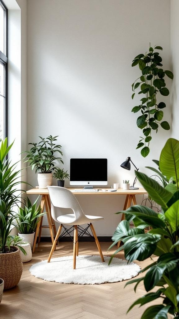 A bright home office with a desk, computer, and various green plants.