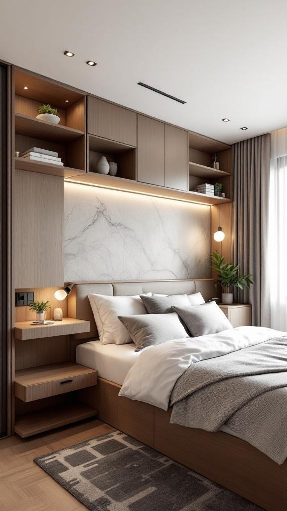 A modern small bedroom featuring multi-functional furniture with built-in storage and shelves.
