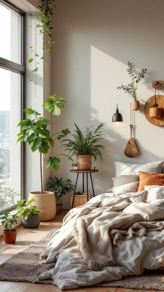 A contemporary bedroom featuring various indoor plants, soft bedding, and natural materials.