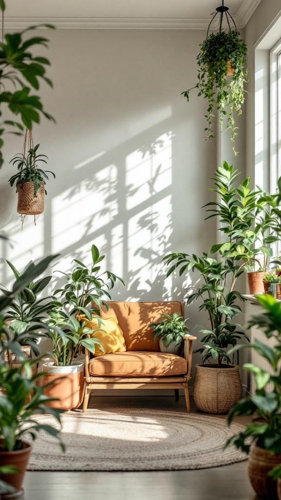 A cozy corner of a small living room filled with various plants, a comfortable chair, and natural light creating beautiful shadows.