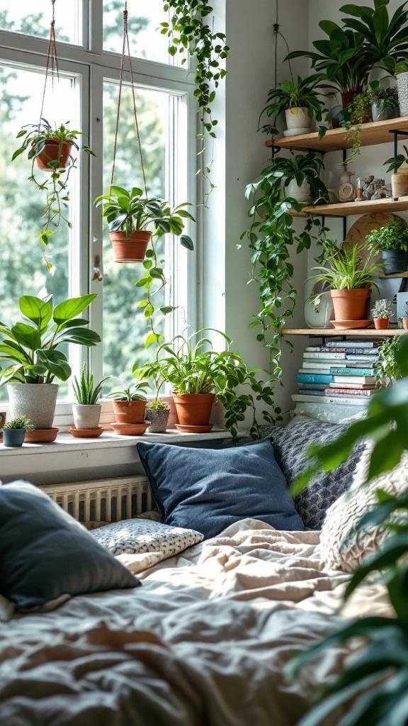 A cozy bedroom corner with various plants on shelves and windowsills, creating a fresh and inviting atmosphere.