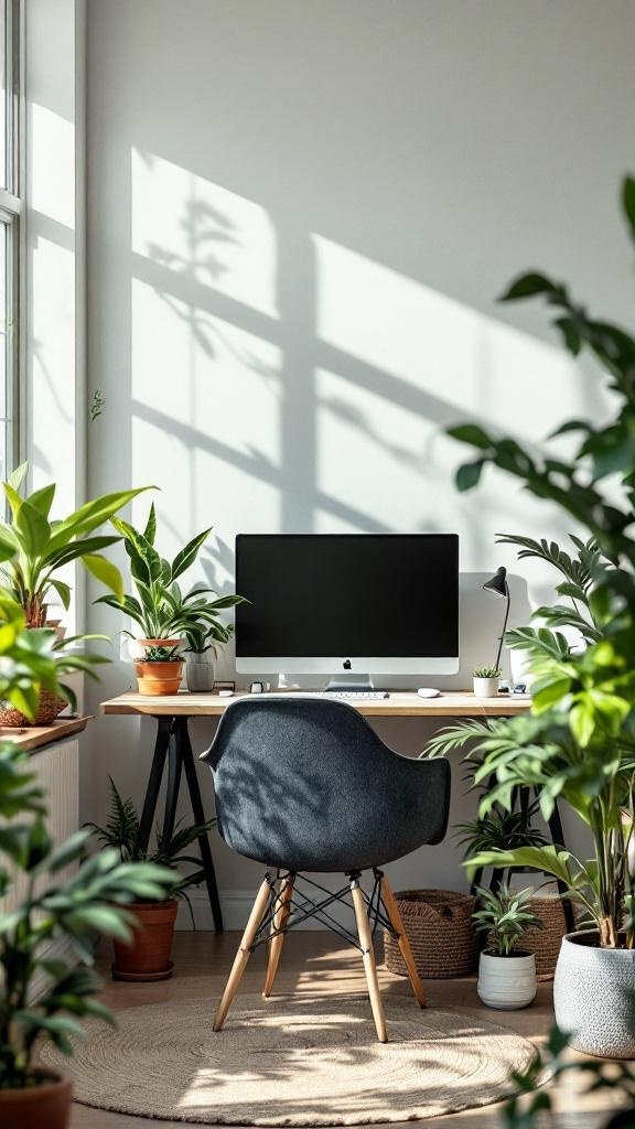 A bright home office with a desk, computer, and various plants, creating a fresh and inviting atmosphere.