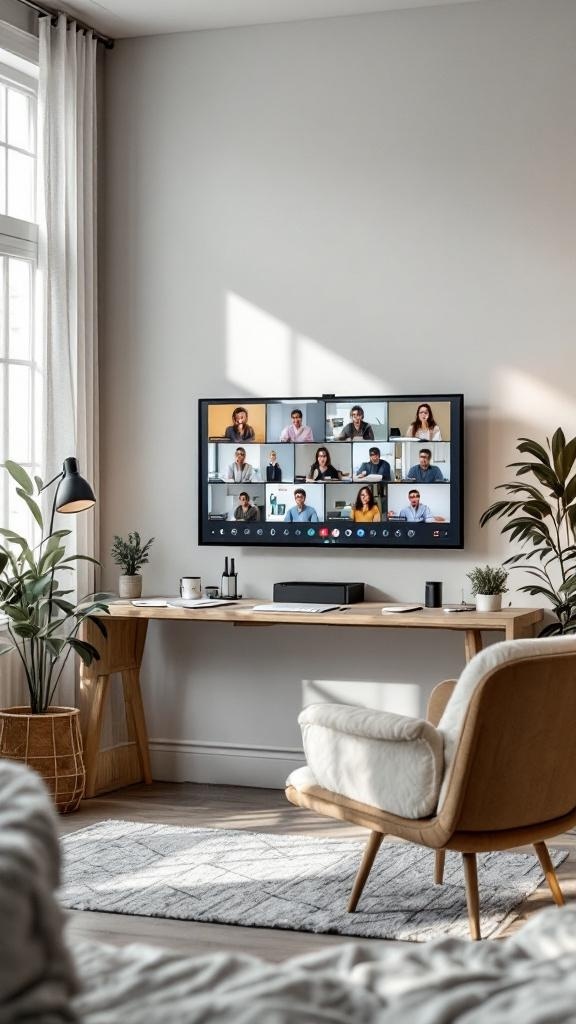 A modern home office with a large TV displaying a virtual meeting, a wooden desk with a coffee cup, and plants in the background.