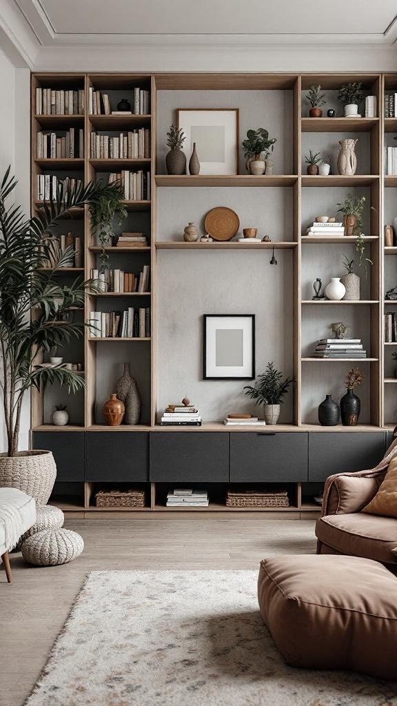 A stylish living room with vertical storage shelves filled with books, plants, and decorative items.