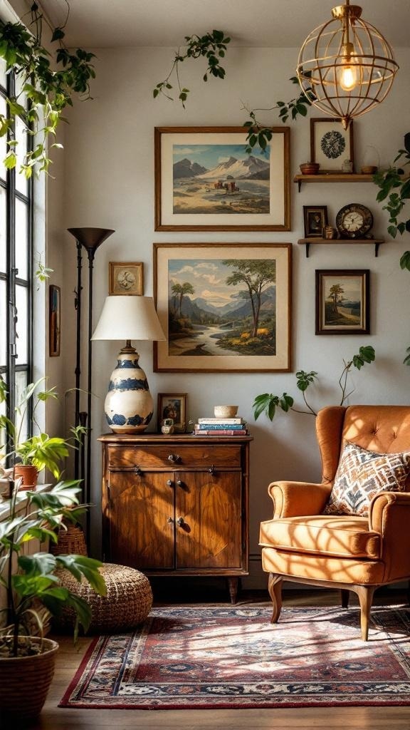 Cozy small living room with vintage decor, featuring framed artwork, a wooden cabinet, a vintage lamp, and plants.
