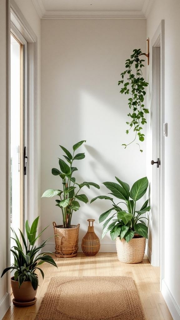 Indoor plant corner in a narrow entryway with various plants in decorative pots.