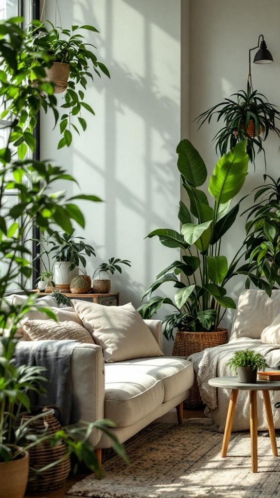 A cozy lounge room filled with various indoor plants, featuring a light-colored sofa and a small coffee table.