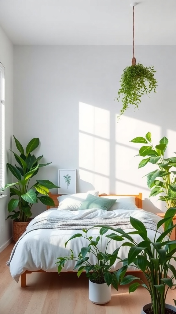 A minimalist bedroom with various indoor plants, including a hanging fern and potted plants, creating a fresh and inviting atmosphere.