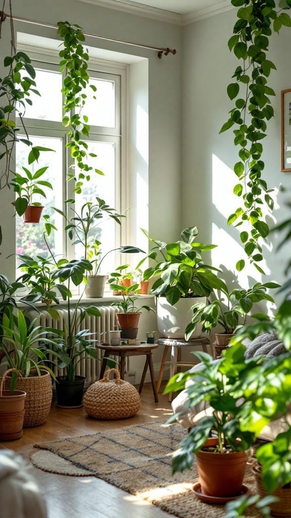 A cozy small living room filled with various indoor plants, showcasing a refreshing atmosphere.