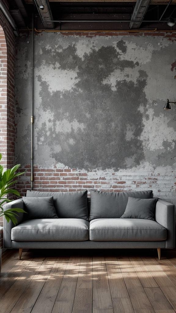 A grey couch in an industrial-style living room with exposed brick and concrete walls.
