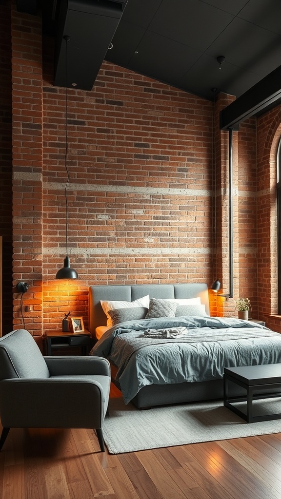 A modern industrial chic bedroom featuring exposed brick walls, a cozy bed, and stylish lighting.