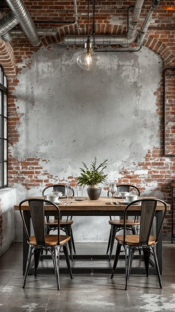 A modern industrial dining room featuring exposed brick walls, a wooden table, metal chairs, and a vintage light fixture.