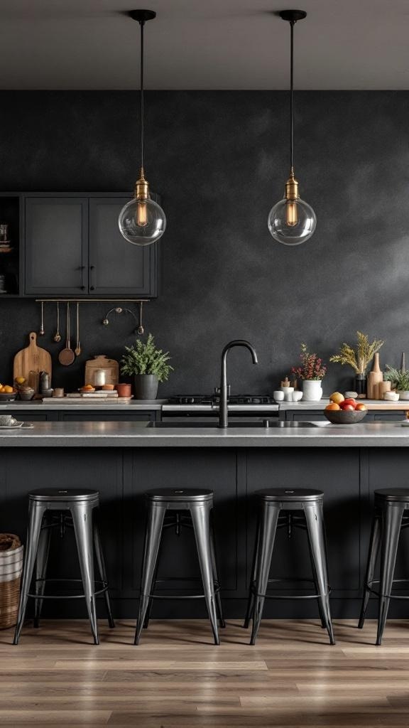 A dark farmhouse kitchen featuring industrial metal accents, including bar stools and pendant lighting.