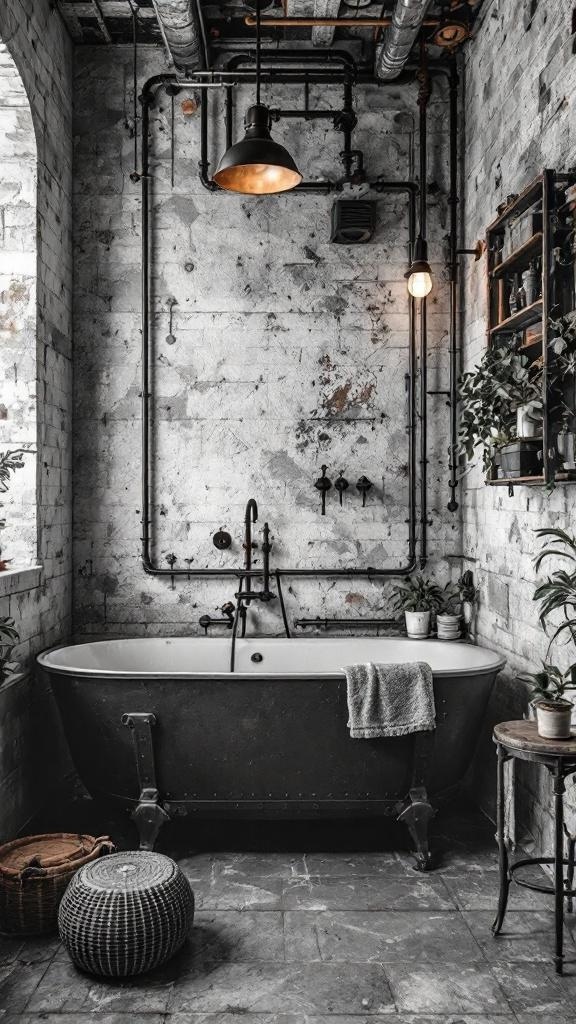 Industrial style dark bathroom with metal fixtures and concrete walls