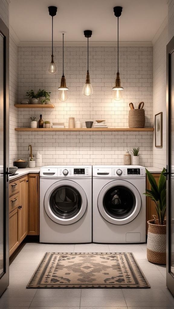 A modern laundry room with hanging light fixtures, washer and dryer, and wooden shelves.