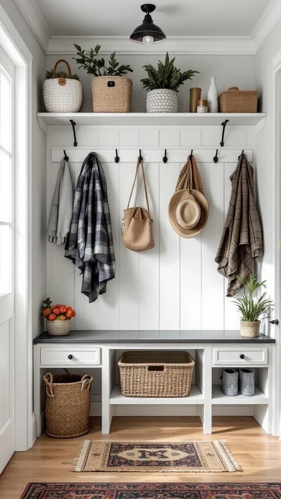 A stylish mudroom with hooks, shelves, and a bench for storage.