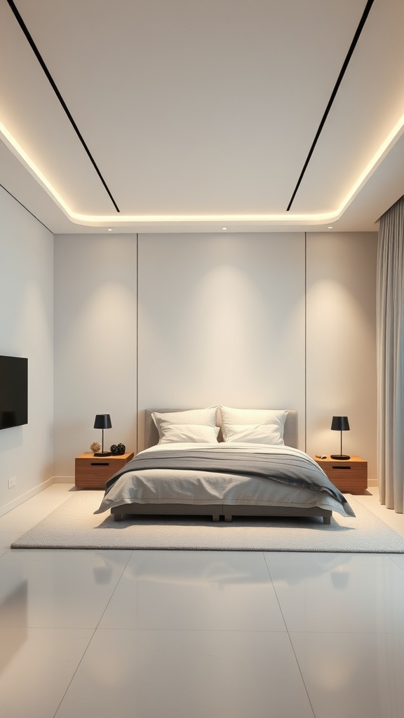 A minimalist bedroom featuring integrated technology with a wall-mounted TV and smart bedside lamps.