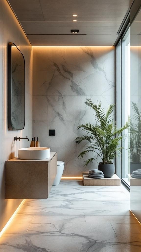 A modern Japandi bathroom featuring integrated technology with minimalist design.