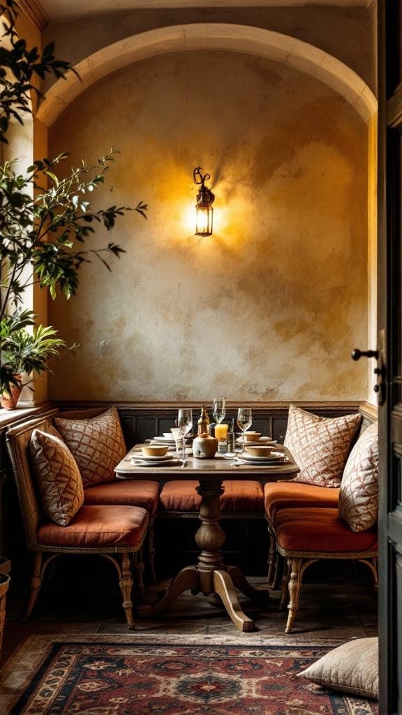 Cozy Tuscan dining nook with wooden table, plush seating, and warm lighting