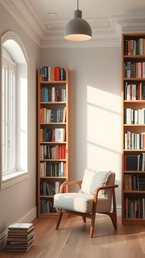 A cozy reading nook with a chair and bookshelves filled with colorful books.