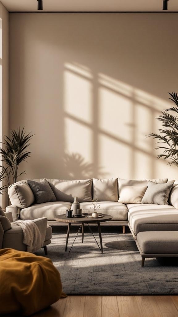 A cozy Hamptons-style lounge room featuring a sectional sofa, coffee table, and plants.