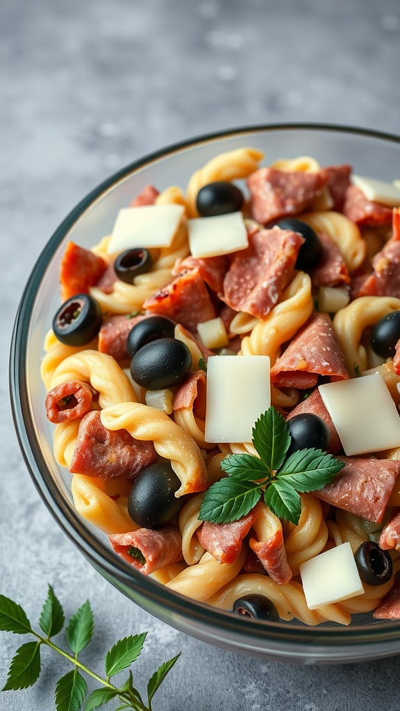A bowl of Italian Antipasto Pasta Salad with salami, olives, and cheese.
