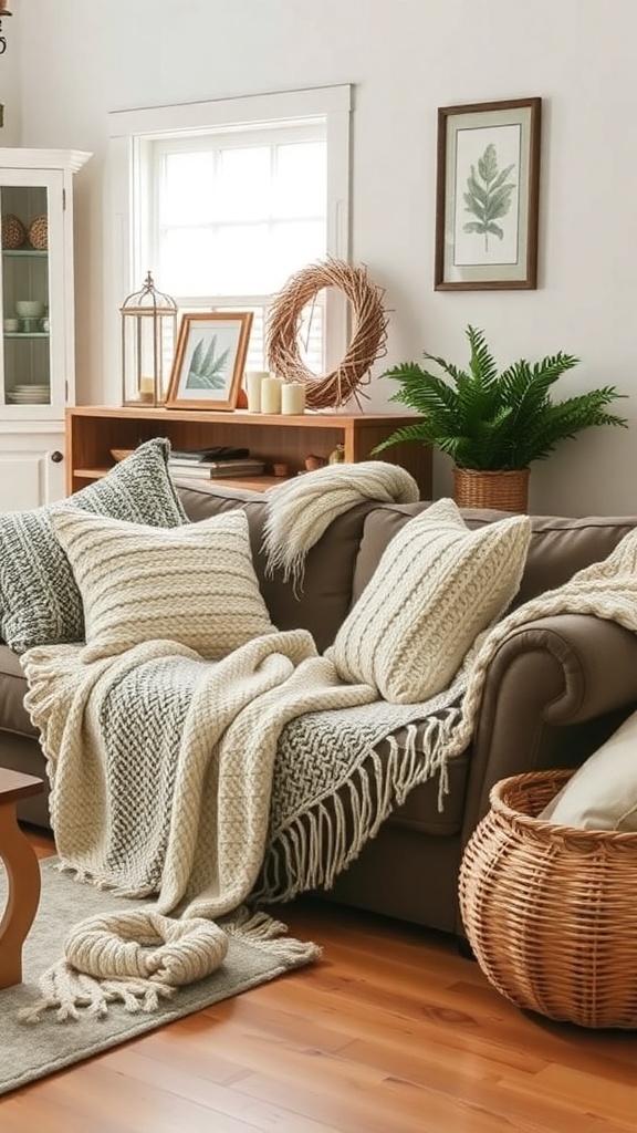 A cozy living room featuring a sofa with knitted throws and pillows, a wooden coffee table, and a warm color palette.
