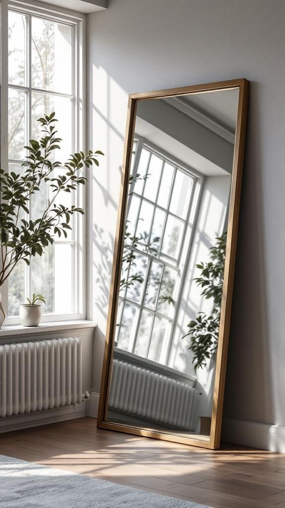 A large floor mirror with a wooden frame leaning against a wall, reflecting light and greenery in a bright living room.