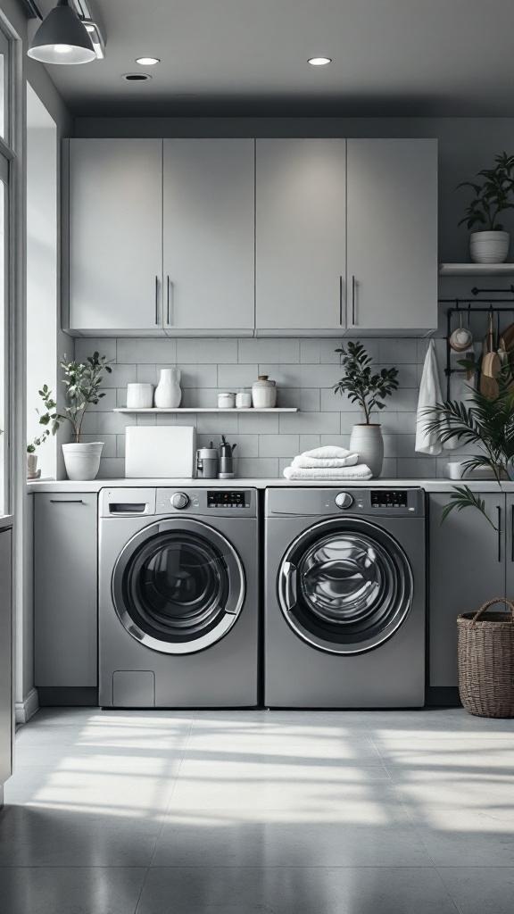 Modern laundry room with sleek washer and dryer, stylish cabinets, and plants