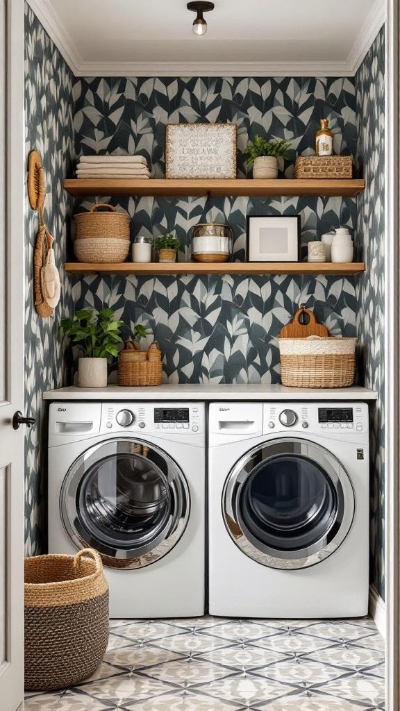 Modern laundry room with patterned wallpaper, wooden shelves, and stylish decor.