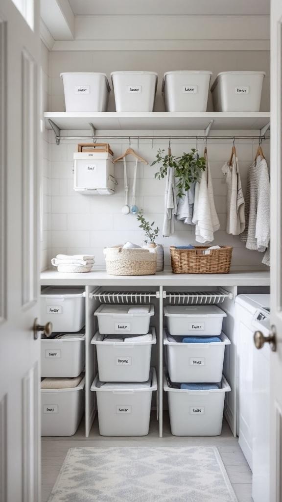 A modern laundry room featuring creative storage solutions with labeled bins and a cozy basket.