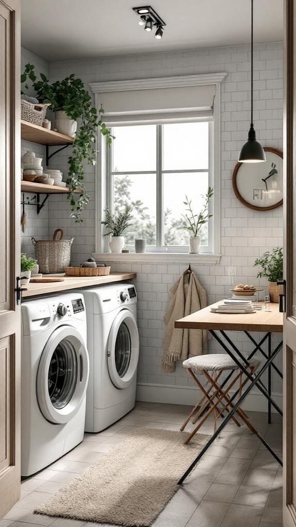 A modern laundry room featuring washing machines, a folding table, and plants.