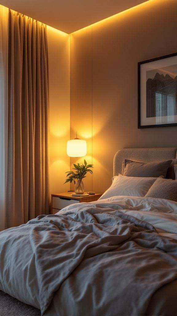 A modern male bedroom with layered lighting, featuring warm tones and cozy decor.