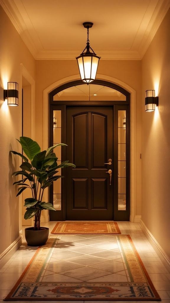 A narrow entryway featuring layered lighting fixtures, including a pendant light and wall sconces, with a plant and decorative rugs.