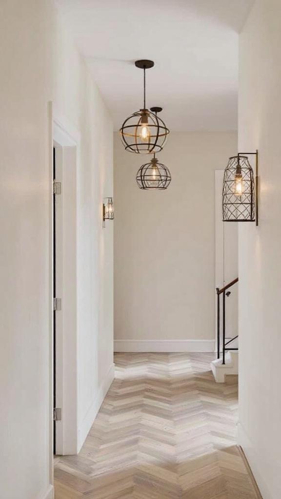A long hallway with pendant lights and wall sconces creating layered lighting.