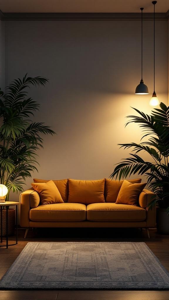 A cozy lounge room featuring a yellow sofa, pendant lights, and plants, showcasing layered lighting.