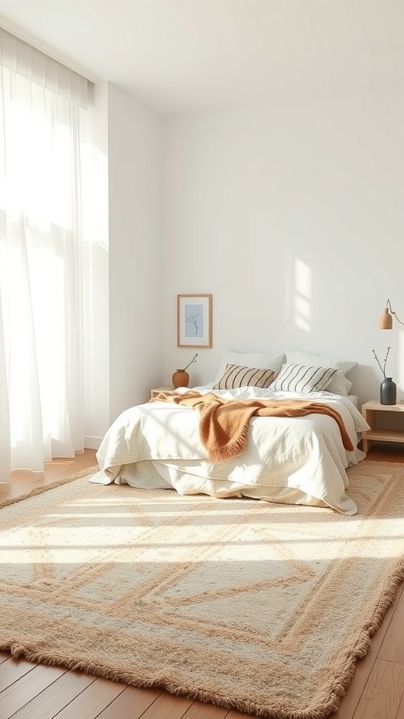 A minimalist bedroom featuring layered rugs, a bed with white linens, and natural light streaming through the window.