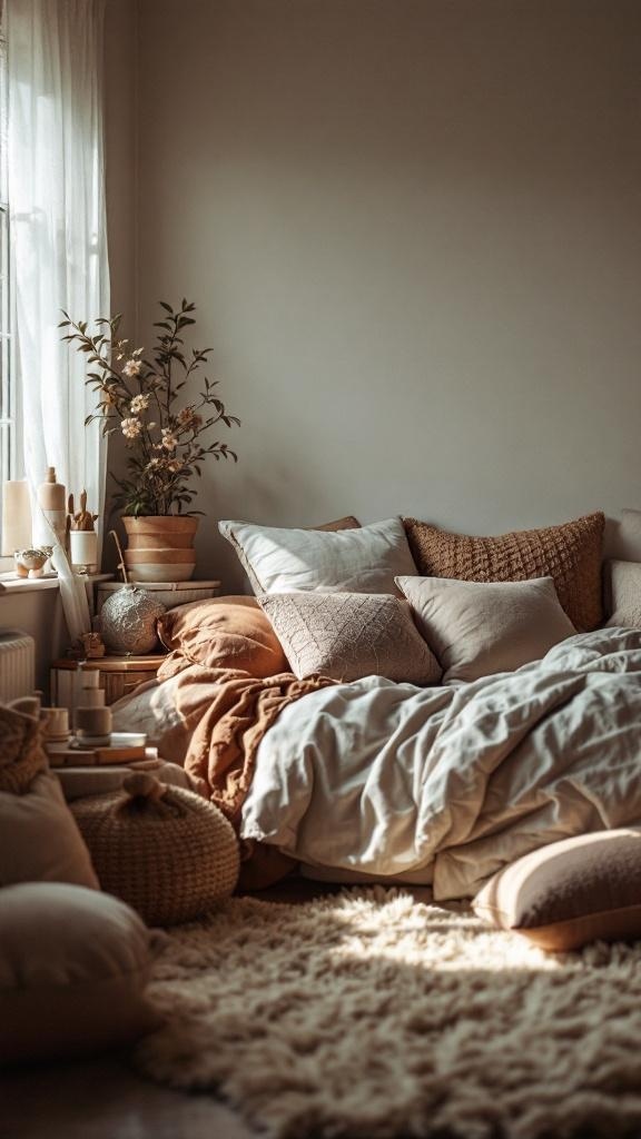 A cozy bedroom with layered textiles, featuring a bed with various pillows and blankets, a fluffy rug, and natural decor.