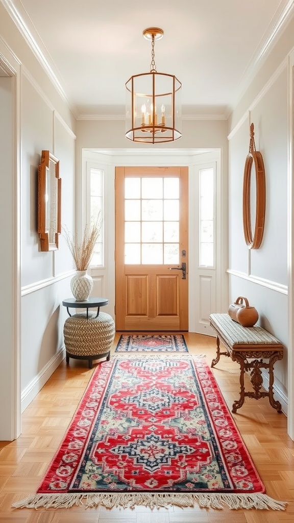 A modern entryway featuring layered rugs, a potted plant, and a stylish light fixture.