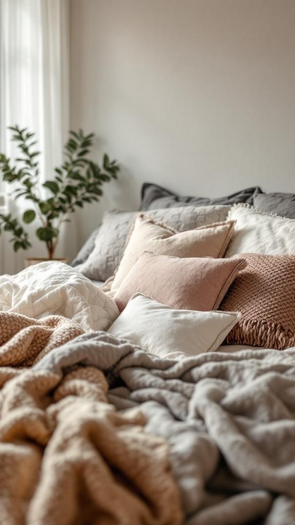 A cozy bed with layered textiles including pillows and blankets in soft colors, complemented by a plant in the background.