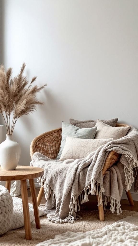 Cozy corner with a rattan chair, pillows, and a throw blanket.